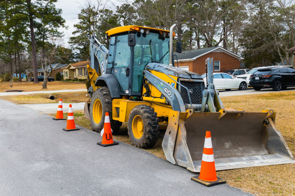 Judd Septic Tank Cleaning’s backhoe is set up for work beside a quiet neighborhood street, marked by safety cones.
